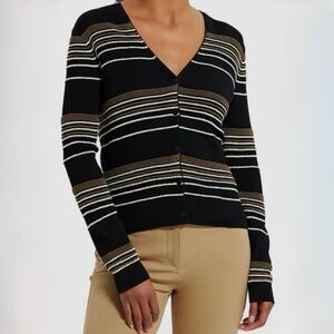 Theory Women's Black Striped V-Neck Cardigan Sweater Size Small Front Button